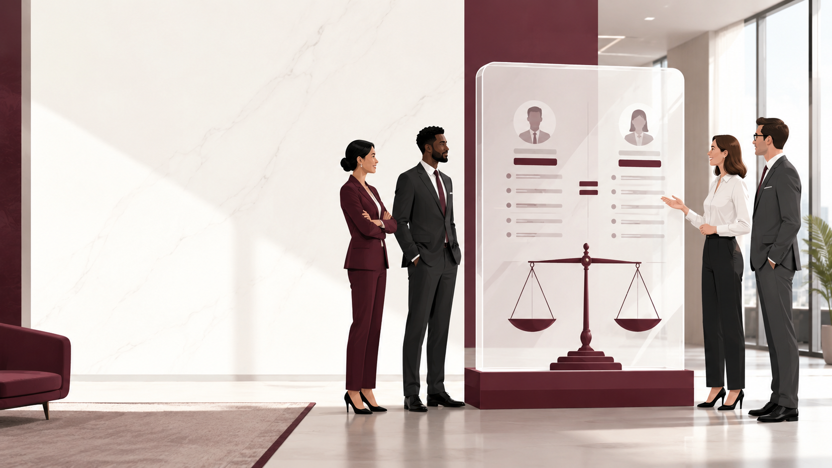 Transparencia salarial 2026: profesionales ante un panel que muestra la igualdad retributiva entre un hombre y una mujer